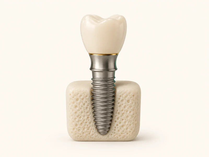 Implante dentário: pino de titânio fixado no osso com coroa cerâmica por cima